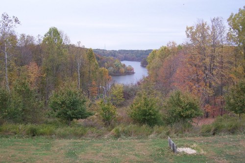 A serene view of a lake surrounded by colorful autumn trees and a grassy foreground.