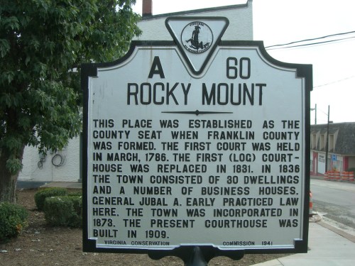 Historical marker for Rocky Mount, detailing its establishment as the county seat and key events from 1786 to 1909.