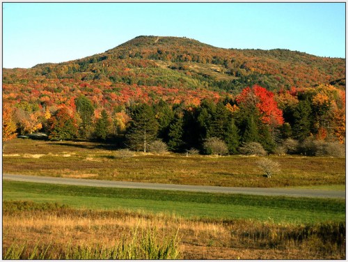 A scenic view of a mountain surrounded by vibrant autumn foliage and a clear blue sky.