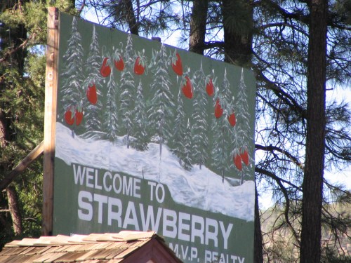 A welcome sign for Strawberry, featuring red strawberries and pine trees in a snowy landscape.