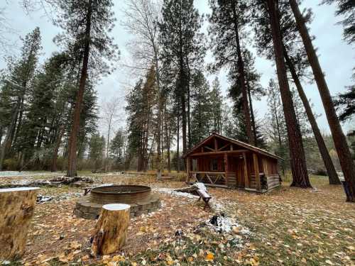 A rustic wooden cabin surrounded by tall pine trees, with a fire pit and scattered autumn leaves on the ground.