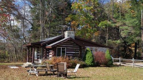 A cozy log cabin surrounded by trees, with a small patio and outdoor seating in a serene, wooded setting.