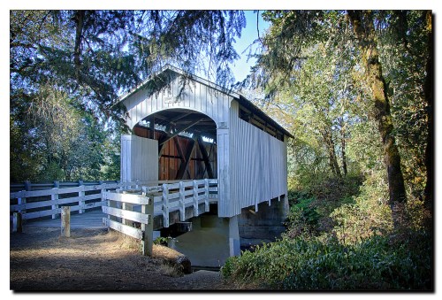 A white covered bridge spans a calm stream, surrounded by lush greenery and trees under a clear blue sky.