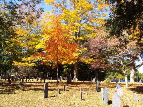 A serene cemetery scene with colorful autumn trees and gravestones scattered across a grassy area.
