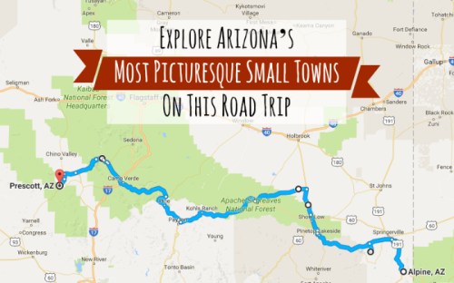 Map highlighting a road trip route through picturesque small towns in Arizona, featuring Prescott and Alpine.