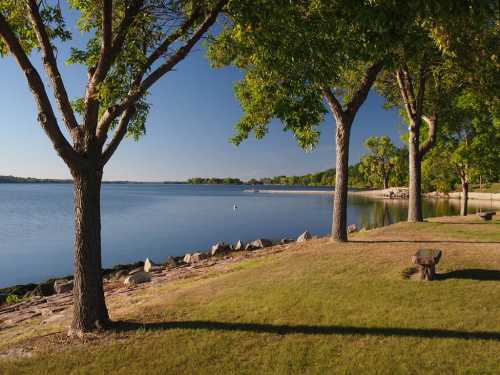 A serene lakeside view with trees, grassy shore, and calm water under a clear blue sky.