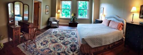 A cozy bedroom featuring a large bed, a patterned rug, a chair, and a dresser with a mirror, illuminated by natural light.
