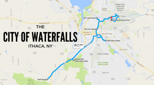 Map of Ithaca, NY, highlighting routes to various locations, with "The City of Waterfalls" prominently displayed.