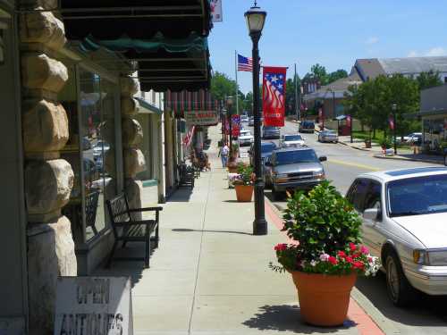 A sunny street scene with shops, flower pots, and American flags lining the sidewalk in a small town.