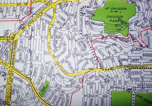 A detailed map showing streets and landmarks around Mount Davidson and Davidson Park, with labeled roads and neighborhoods.