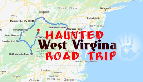 Map of a haunted road trip in West Virginia, featuring key locations and a spooky design.