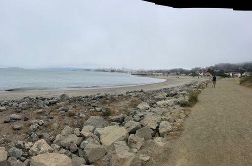 A foggy beach scene with rocky shoreline, a sandy path, and a person walking along the coast.