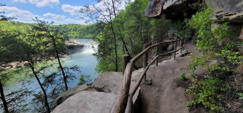 A scenic view of a river and waterfall surrounded by lush greenery, with a wooden railing along a rocky path.