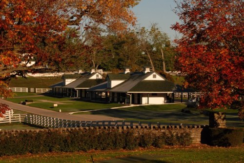 A scenic view of a horse farm with autumn foliage, featuring white fences and charming buildings.