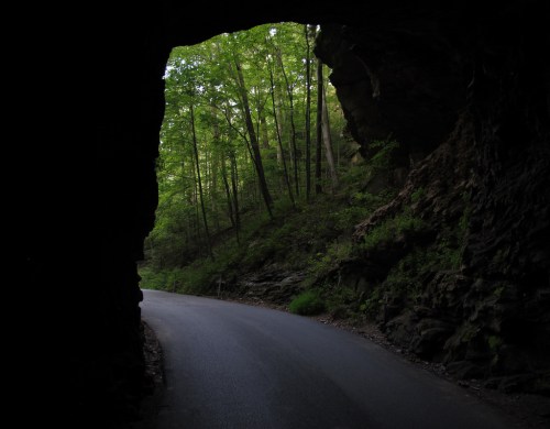 A view through a rocky tunnel, revealing a winding road surrounded by lush green trees.