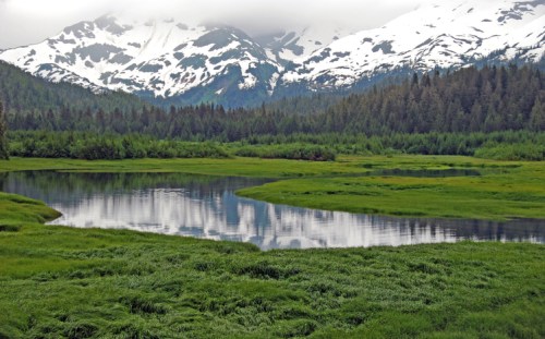 Lush green landscape with a winding river, surrounded by snow-capped mountains and dense forests under a cloudy sky.