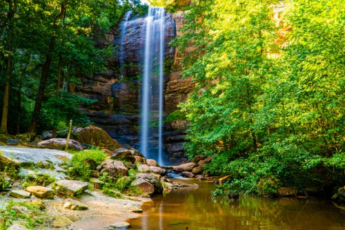 A serene waterfall cascades down rocky cliffs, surrounded by lush green trees and a calm stream below.