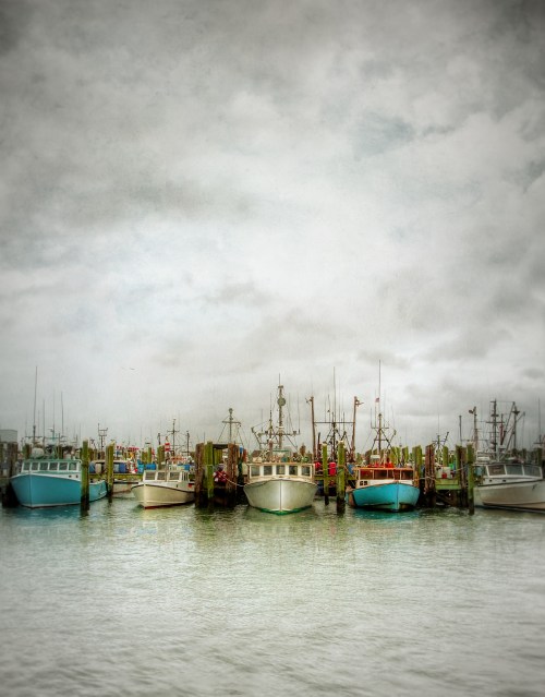 A row of fishing boats docked at a harbor under a cloudy sky, reflecting in the calm water.