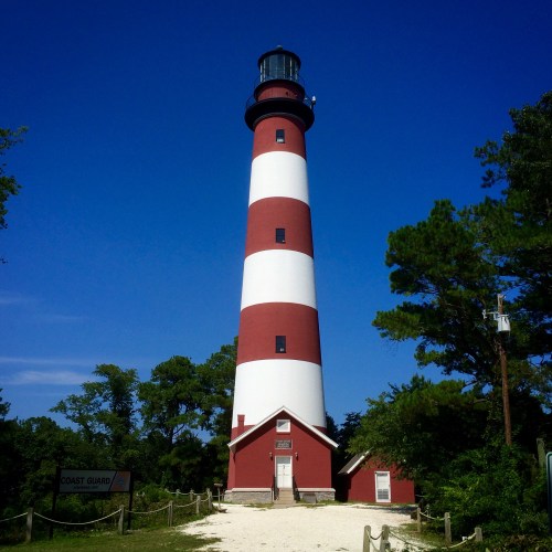 A tall red and white striped lighthouse stands against a clear blue sky, surrounded by trees and a path.
