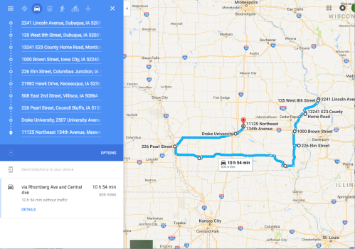 Map showing a route with multiple addresses in Iowa, including Dubuque and Des Moines, with travel time indicated.