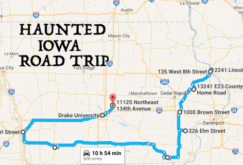 Map of a haunted road trip in Iowa, featuring key locations and a route spanning over 600 miles.