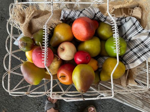 A wire basket filled with various colorful apples and pears, resting on a burlap cloth and checkered fabric.