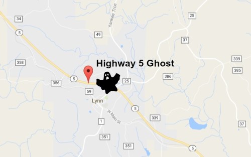 Map showing "Highway 5 Ghost" location near Lynn, with a ghost icon and a red marker on the highway.