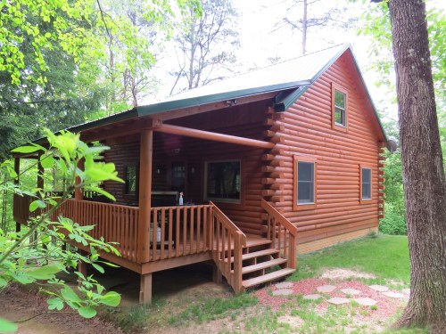 A rustic log cabin with a porch, surrounded by trees and greenery, set in a peaceful outdoor environment.