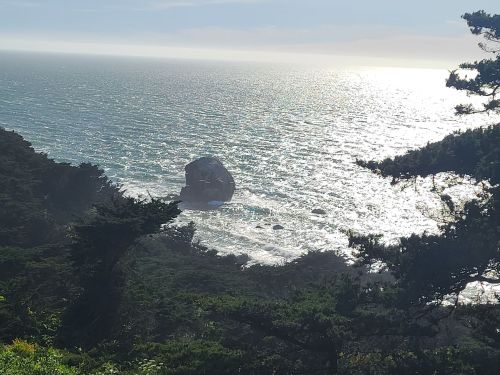 A scenic view of the ocean with a large rock formation and trees in the foreground, reflecting sunlight on the water.