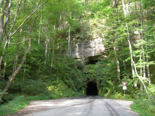 A road leads to a dark tunnel surrounded by lush green trees and rocky cliffs.