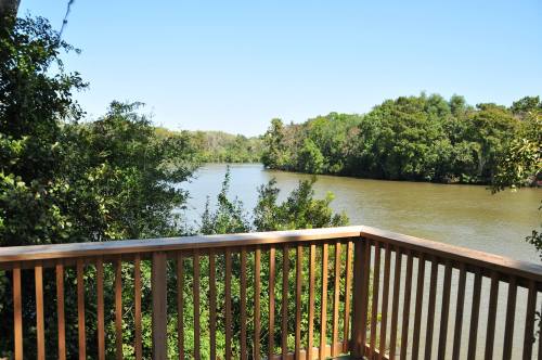 A serene river view from a wooden deck, surrounded by lush greenery under a clear blue sky.
