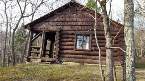 A rustic log cabin surrounded by trees, with a sloped roof and a small porch.