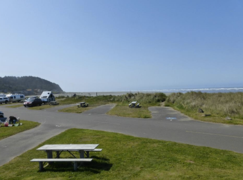 A sunny beach scene with grassy areas, picnic tables, and distant waves under a clear blue sky.