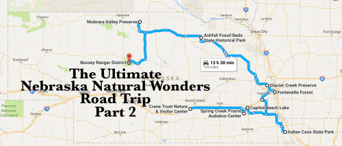 Map showing a road trip route through Nebraska's natural wonders, including parks and historical sites.