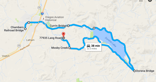 Map showing a route from Chambers Railroad Bridge to Dorena Bridge, highlighting key locations and travel time.