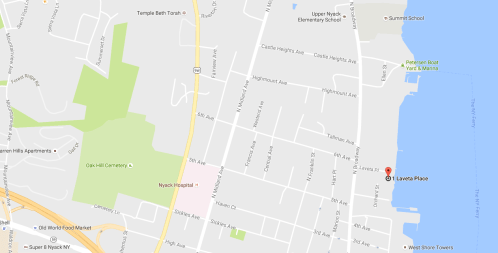 Map showing streets and landmarks in Nyack, New York, including residential areas and proximity to the waterfront.