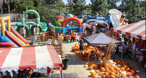 A vibrant pumpkin patch with inflatable attractions, a tent, and people enjoying the festive atmosphere.