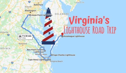 Map of Virginia's Lighthouse Road Trip, featuring a route to various lighthouses, including Assateague Lighthouse.