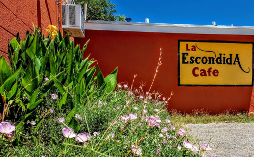 Colorful sign for "La Escondida Cafe" next to vibrant flowers and greenery against a bright orange wall.