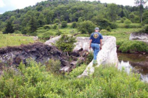 A person walks along a rocky outcrop near a stream, surrounded by lush greenery and hills in the background.