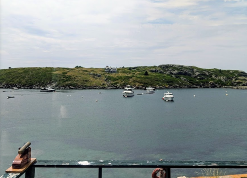 A serene coastal scene with boats anchored in calm waters, surrounded by green hills and a distant house.
