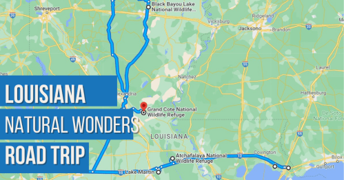 Map highlighting a road trip route through Louisiana's natural wonders, including wildlife refuges and parks.