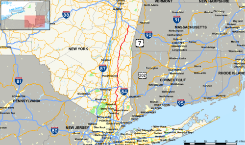 Map showing parts of New York, Connecticut, and Massachusetts, with major highways and a small inset map.