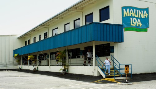 Exterior of the Mauna Loa building with blue accents, featuring a staircase and people outside on a sunny day.