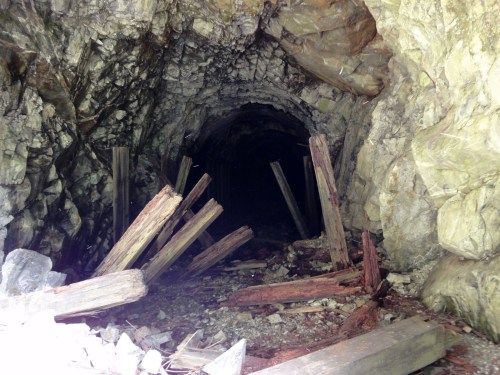 A dark, rocky tunnel with wooden beams and debris scattered on the ground, leading into an unknown depth.