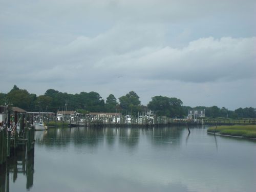 A calm harbor scene with boats docked along a wooden pier, surrounded by lush greenery under a cloudy sky.