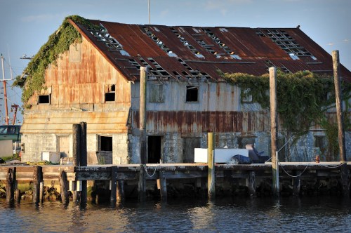 A weathered, rusted building with a damaged roof, partially covered in greenery, beside a calm waterway.