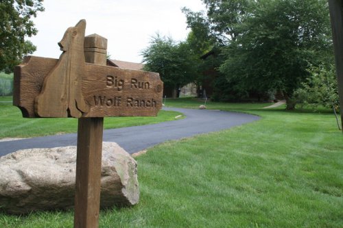 Wooden sign for Big Run Wolf Ranch, with a silhouette of a wolf, set against a grassy landscape and pathway.