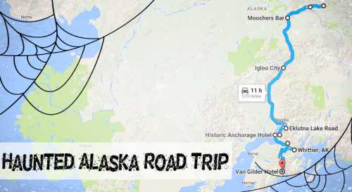 Map of a haunted road trip in Alaska, featuring key stops and a route highlighted in blue. Spiderwebs in corners.