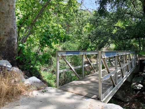 A wooden bridge surrounded by lush greenery and trees, leading over a small creek.